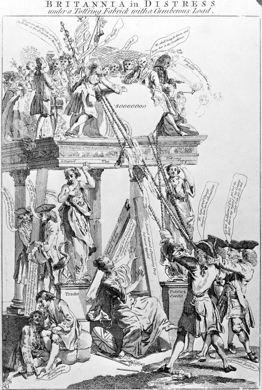 Britannia in nood onder een wankel gebouw met een zware last, circa 1756 door English School
