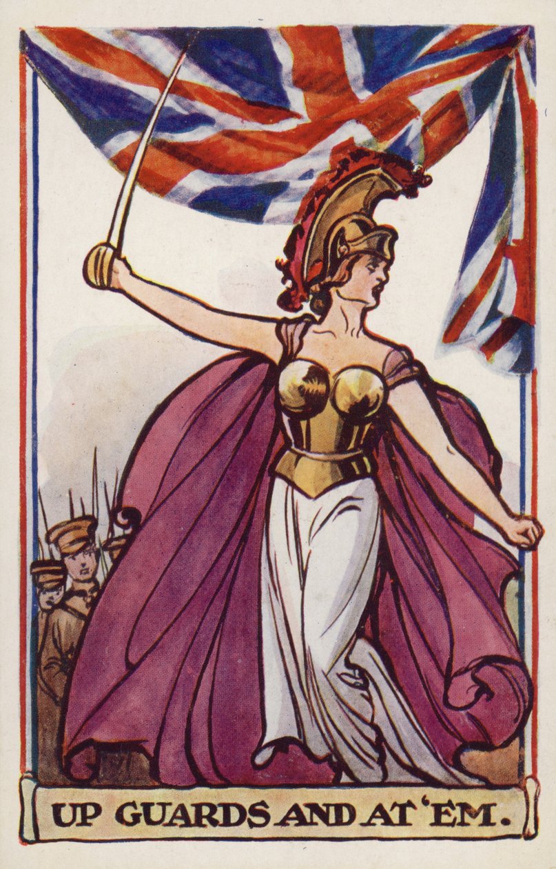 Britannia met soldaten en union flag (kleurenlitho) door English School