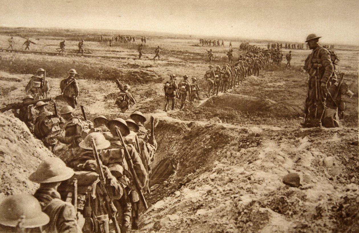 Britse infanterie rukt op in de aanval op Cambrai, 1914-19 door English School