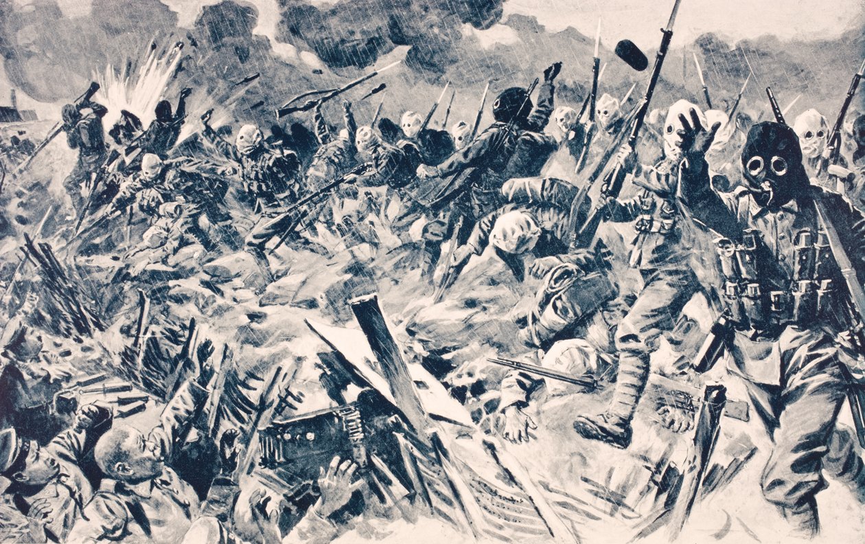 Britse troepen met gasmaskers bestormen Duitse loopgraven bij Loos, Frankrijk, 25 september 1915, uit 