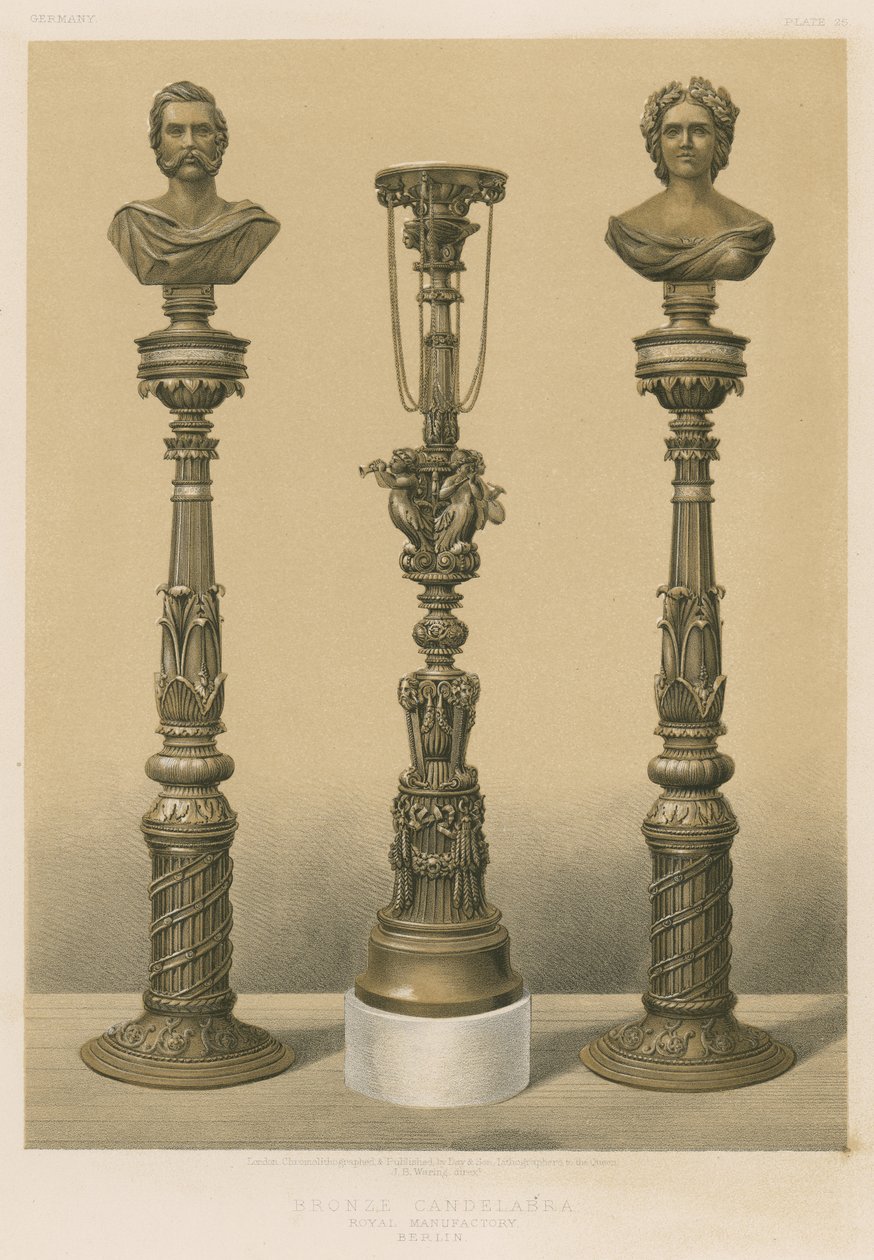 Bronzen kandelaar, Koninklijke Manufactuur, Berlijn (chromolitho) door English School