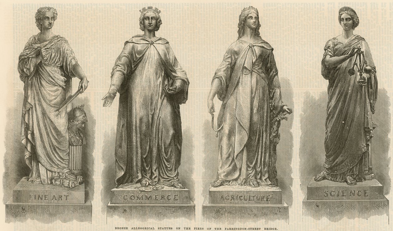 Bronzen allegorische beelden op de pijlers van de Farringdon Street Bridge (gravure) door English School