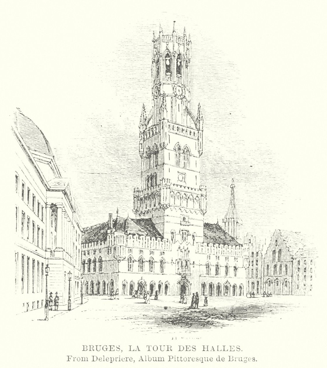 Brugge, De Halletoren (gravure) door English School