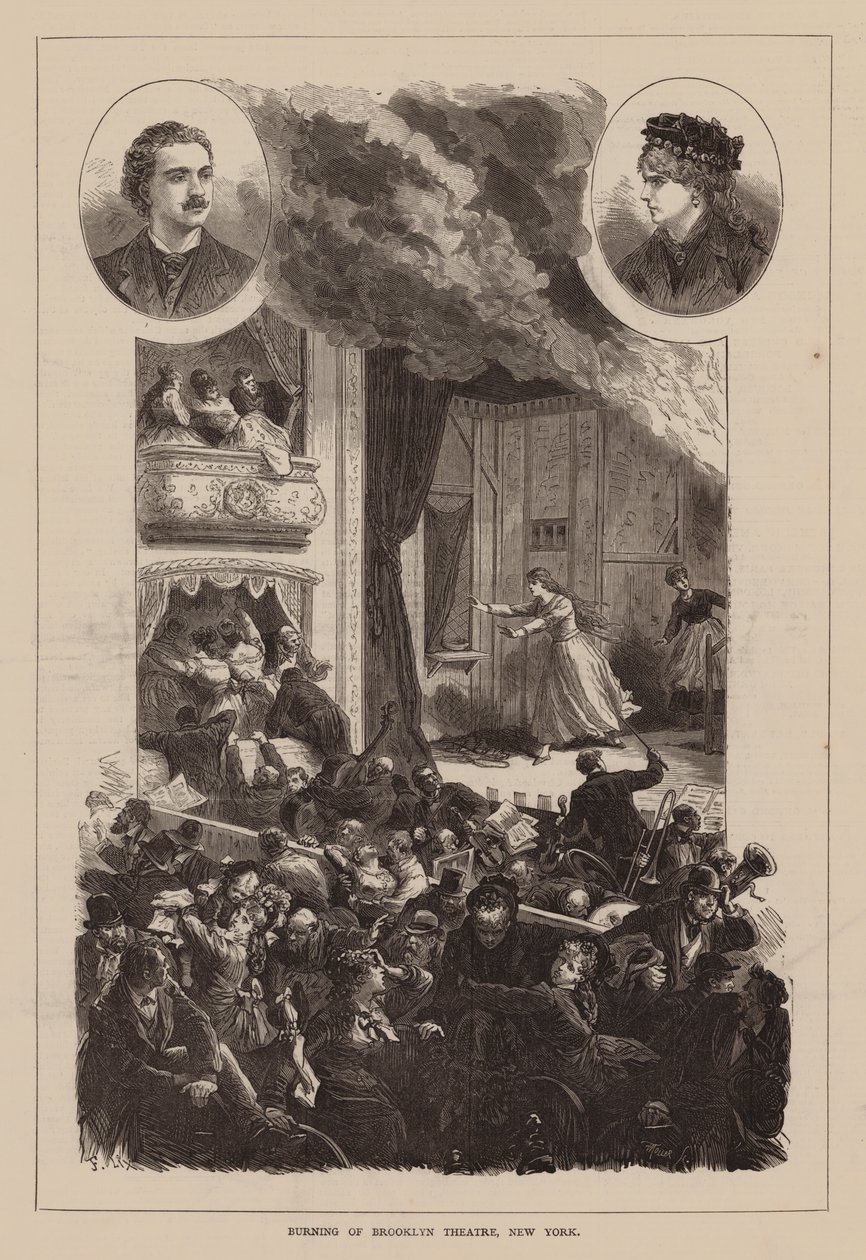 Brand van Brooklyn Theatre, New York (gravure) door English School