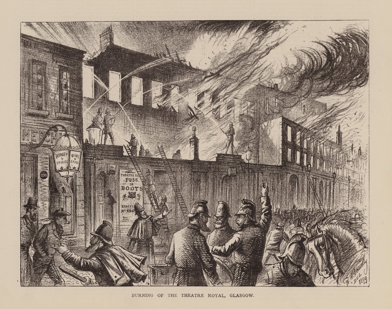 De brand van het Theatre Royal, Glasgow (gravure) door English School