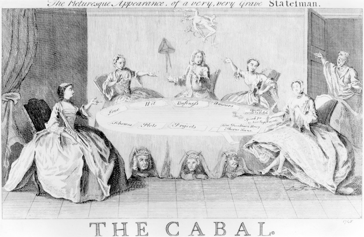 Cabal: Het Schilderachtige Uiterlijk van een Zeer, Zeer Serieuze Staatsman, ca. 1745 door English School
