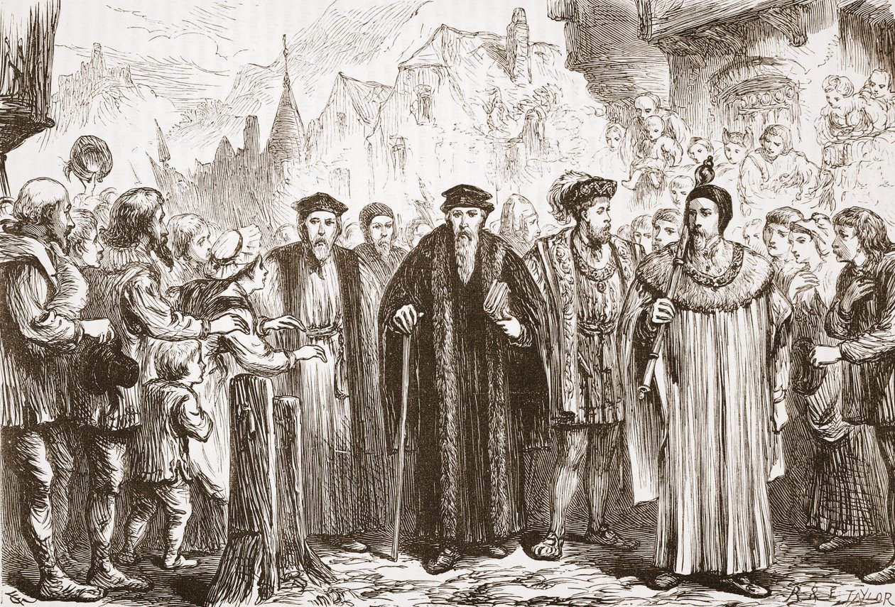 Calvijn herentree in Genève, illustratie uit De Geschiedenis van het Protestantisme door James Aitken Wylie, gepubliceerd in 1878 door English School