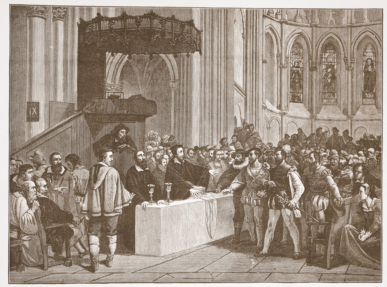 Calvijn weigert het Avondmaal aan de Libertijnen in de Sint-Pieterskathedraal, Genève, illustratie uit De Geschiedenis van het Protestantisme door James Aitken Wylie, gepubliceerd in 1878 door English School
