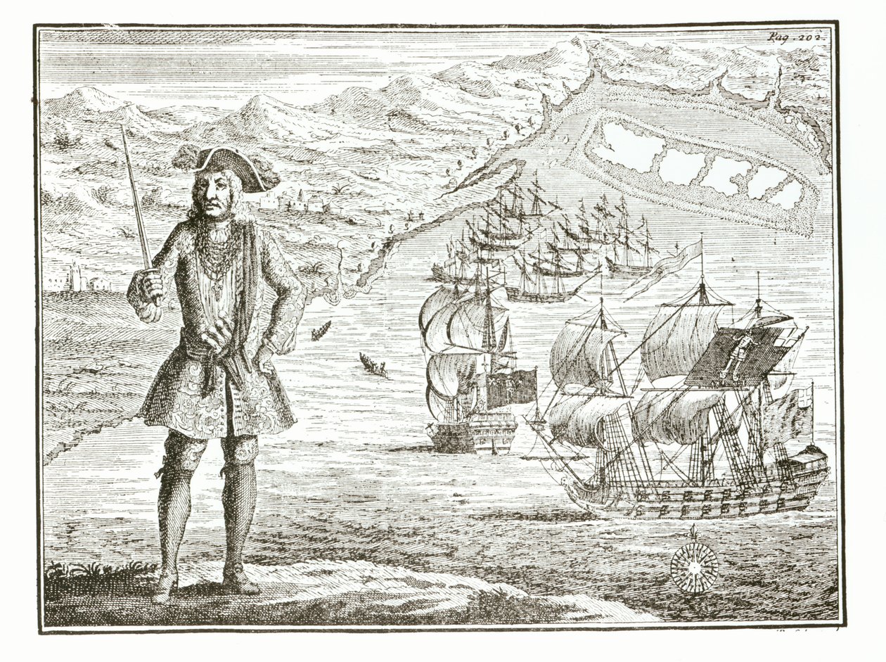 Kapitein Bartholomew Roberts met twee schepen, de Royal Fortune en Ranger zeilen in Whydah Road aan de kust van Guinee, 11 januari 172? uit A General History of the Robberies and Murders of the most Notorious Pyrates door English School