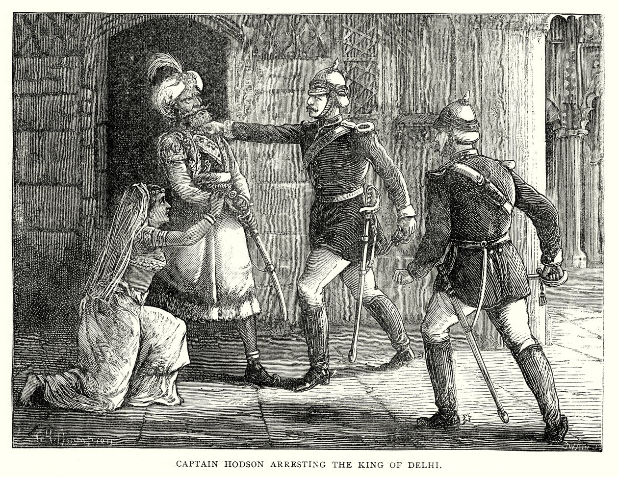 Kapitein Hodson arresteert de koning van Delhi (gravure) door English School