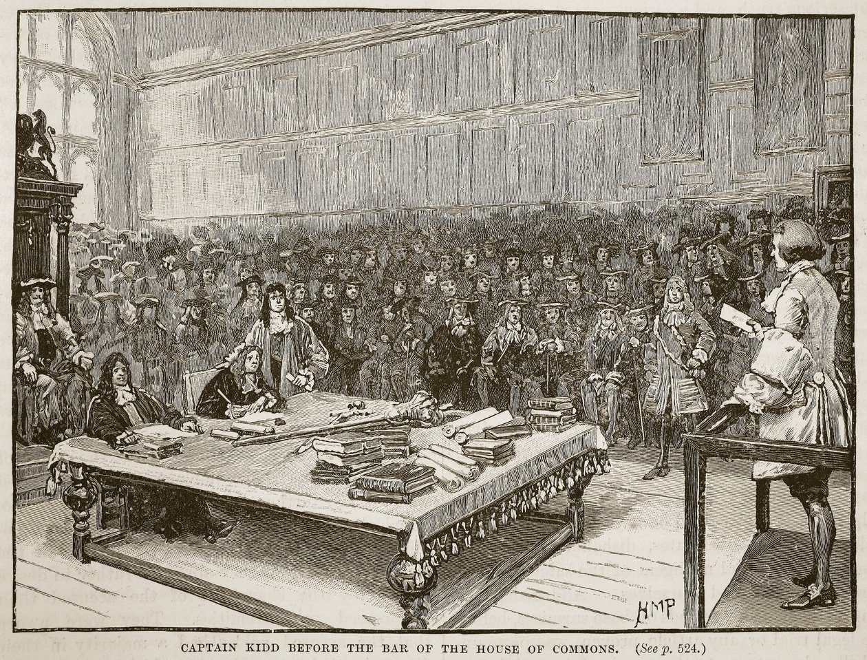 Kapitein Kidd voor de balie van het Lagerhuis, illustratie uit Cassells Illustrated History of England door English School