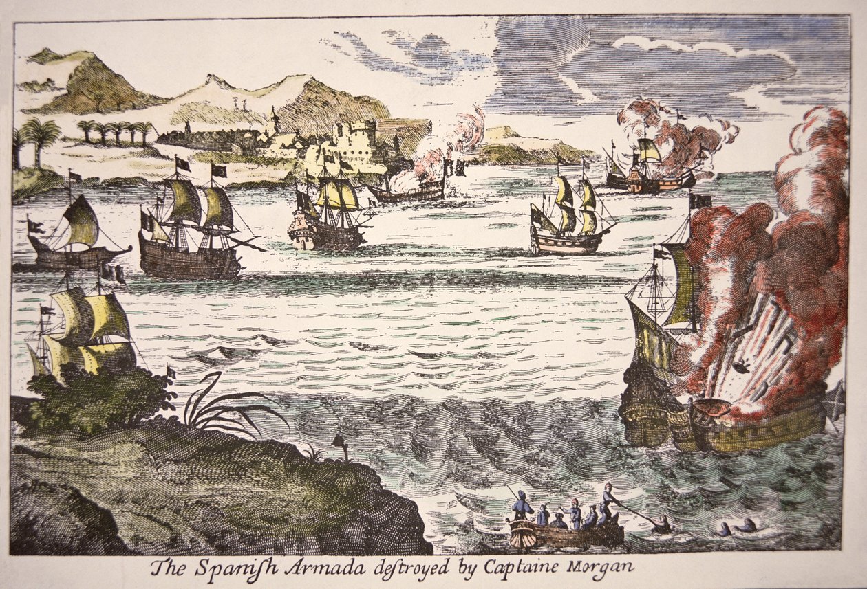 Kapitein Morgan verslaat Spaanse oorlogsschepen die de monding van het Meer van Maracaibo blokkeren in 1669 door English School