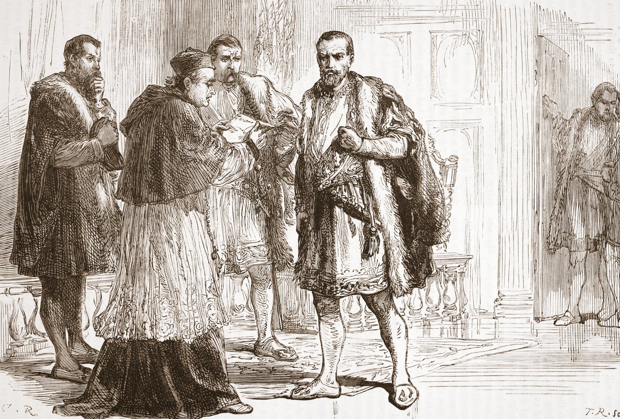 Kardinaal de Tournon leest het protestantse plakkaat voor aan Frans I, illustratie uit De Geschiedenis van het Protestantisme door James Aitken Wylie, gepubliceerd in 1878 door English School