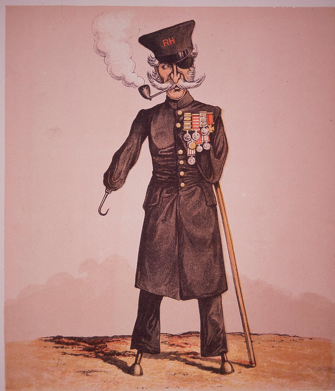 Karikatuur van Chelsea-pensionaris van het Royal Hospital, uit 