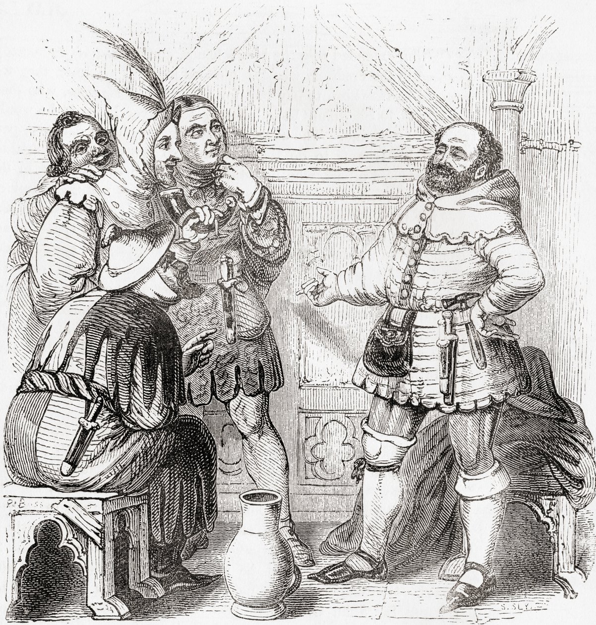 Timmerman, hoedenmaker, wever, verver en tapijtwever, uit Old England: A Pictorial Museum, uitgegeven 1847 door English School