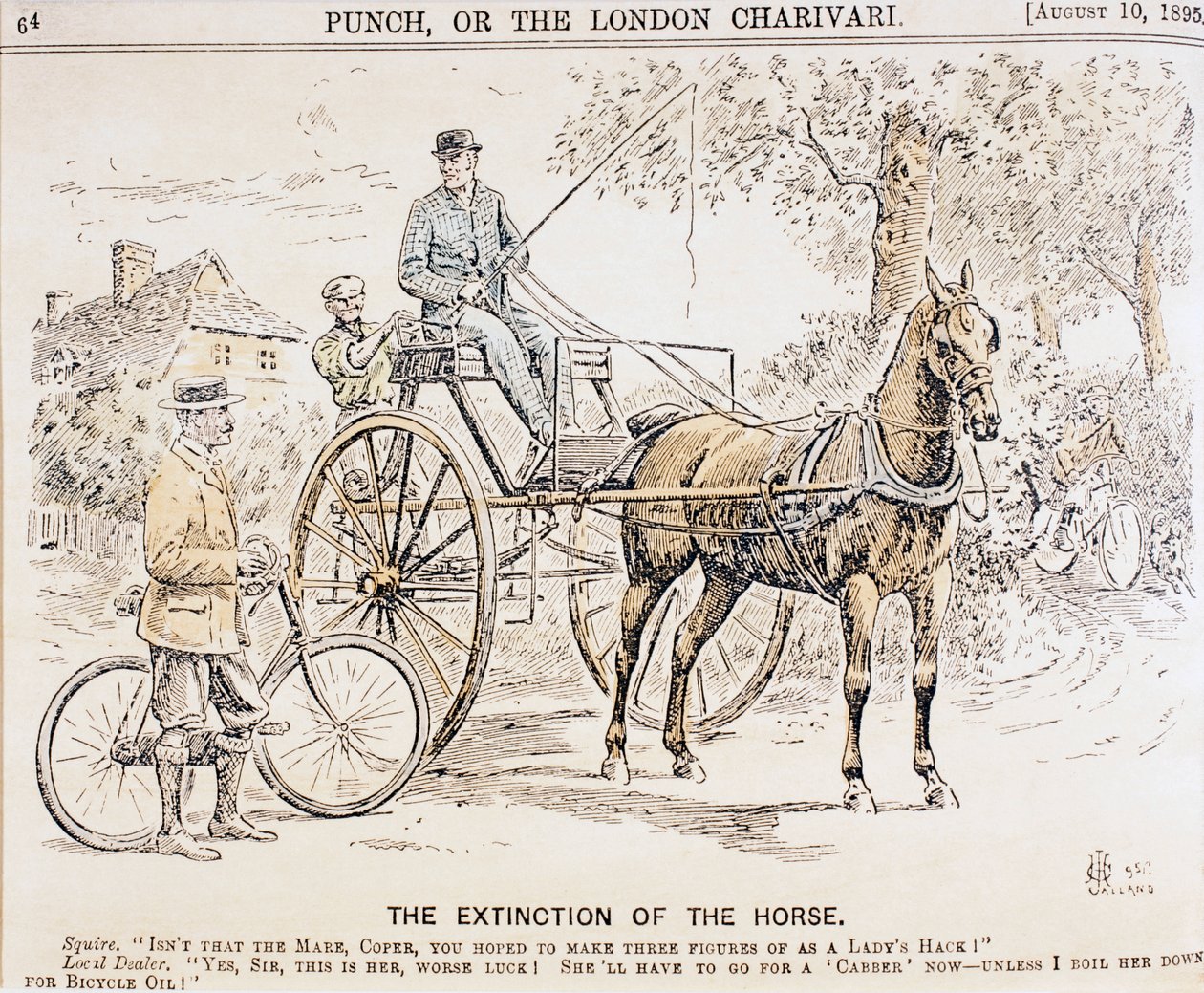 Cartoon over de komst van fietsen en gemotoriseerd vervoer en het daarmee gepaard gaande einde van paard-en-wagen verkeer, uit Punch magazine, 10 augustus 1895 door English School
