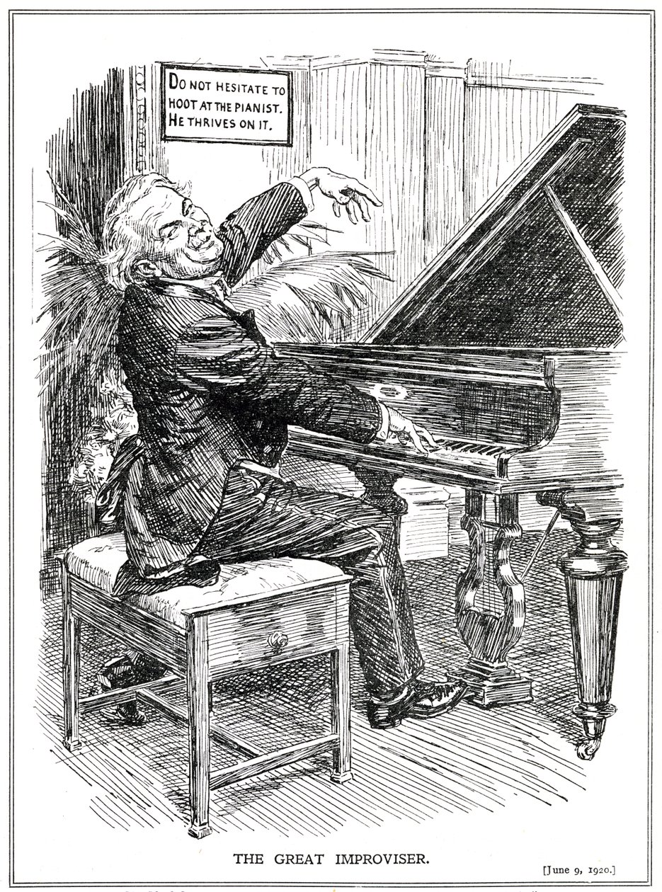 Cartoon die Lloyd George bespot als de Grote Improvisator of leider van de Improvisa-Tories, juni 1920 door English School