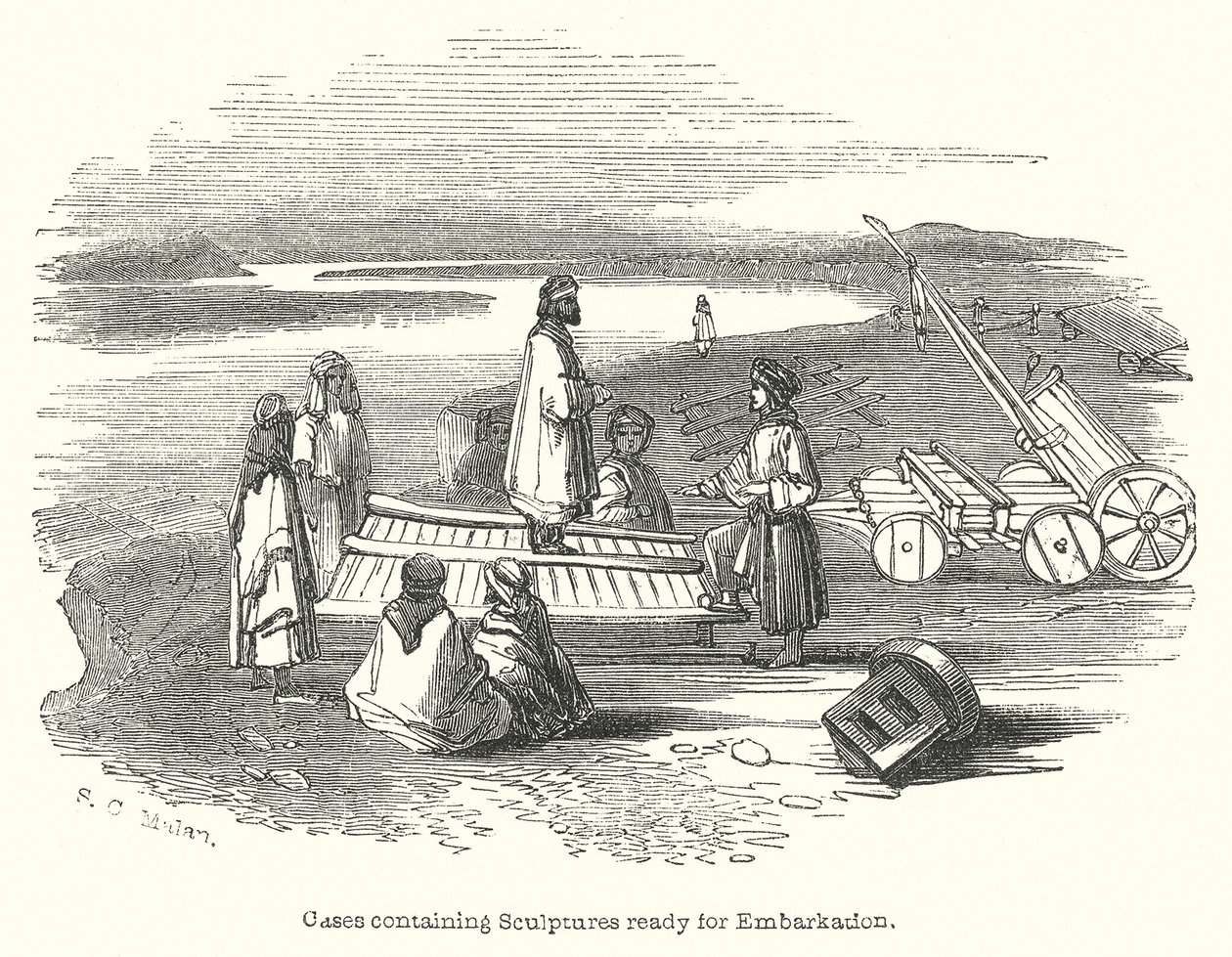Kisten met beeldhouwwerken klaar voor inscheping (gravure) door English School