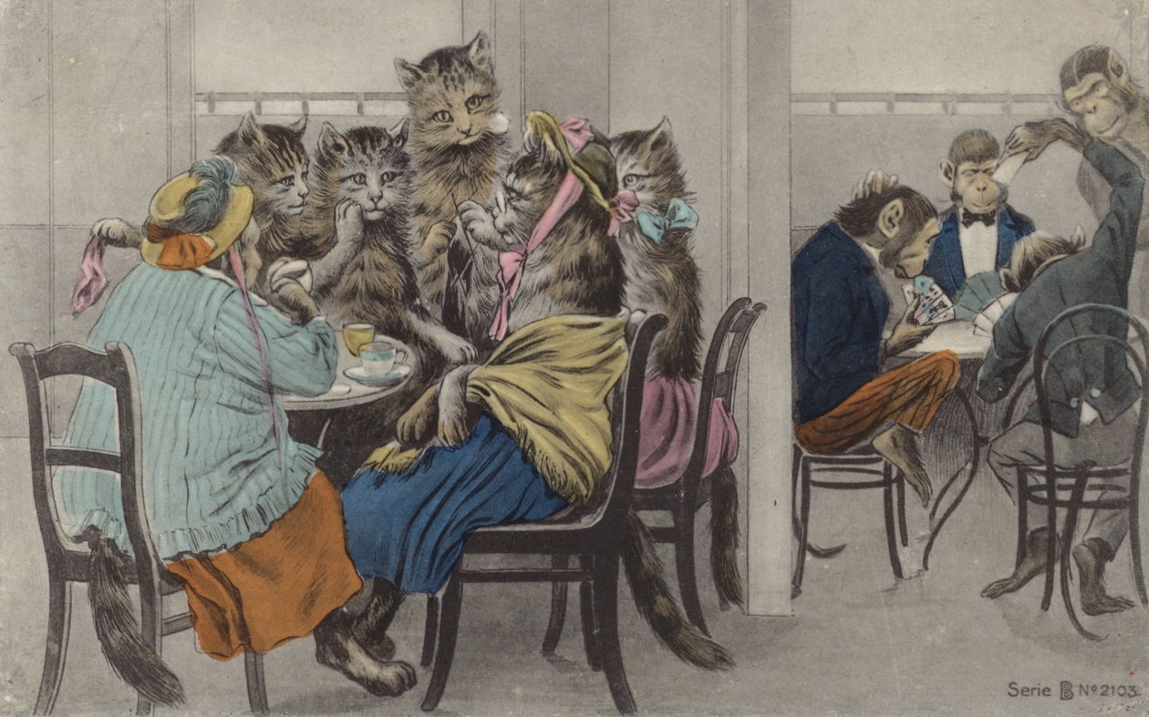 Theedrinkende katten en kaartspelende apen (kleurenlitho) door English School