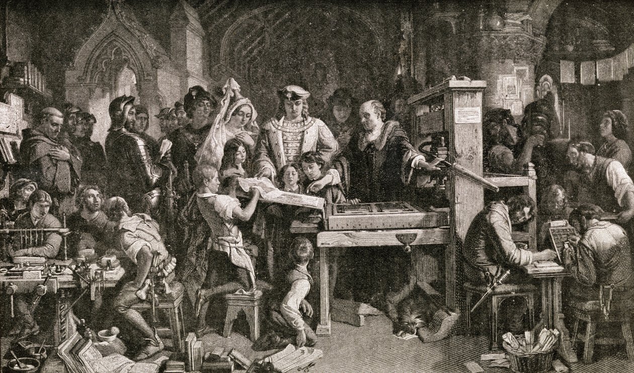 Caxton (c.1422-91) toont voorbeelden van zijn drukwerk aan koning Edward IV in de Almonry in Westminster, 1858 door English School