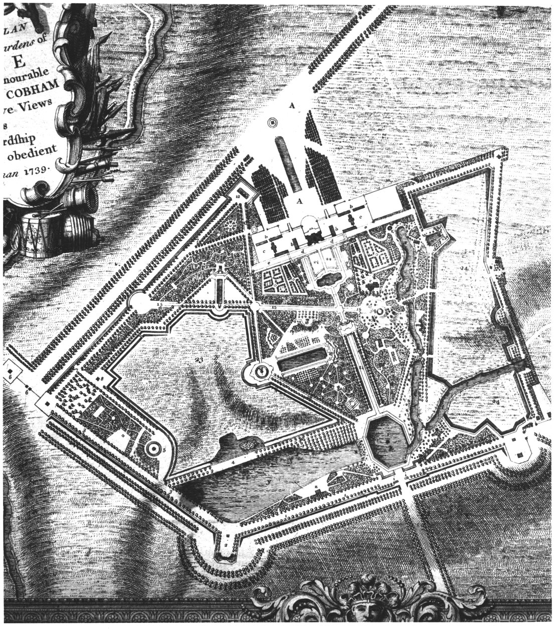Charles Bridgemans (fl.1713-38) plan voor Stowe Gardens, uit een boek over uitzichten van Stowe gepubliceerd door Mrs Charles Bridgeman in 1739 door English School