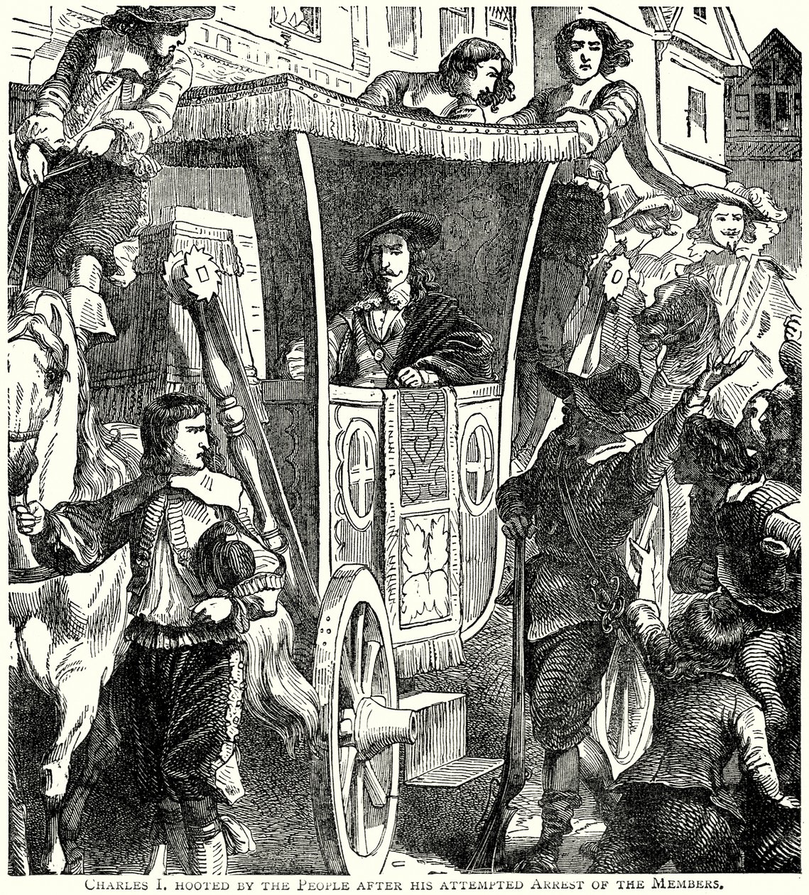 Charles I getoeterd door de Pepole na zijn poging tot arrestatie van de leden (gravure) door English School