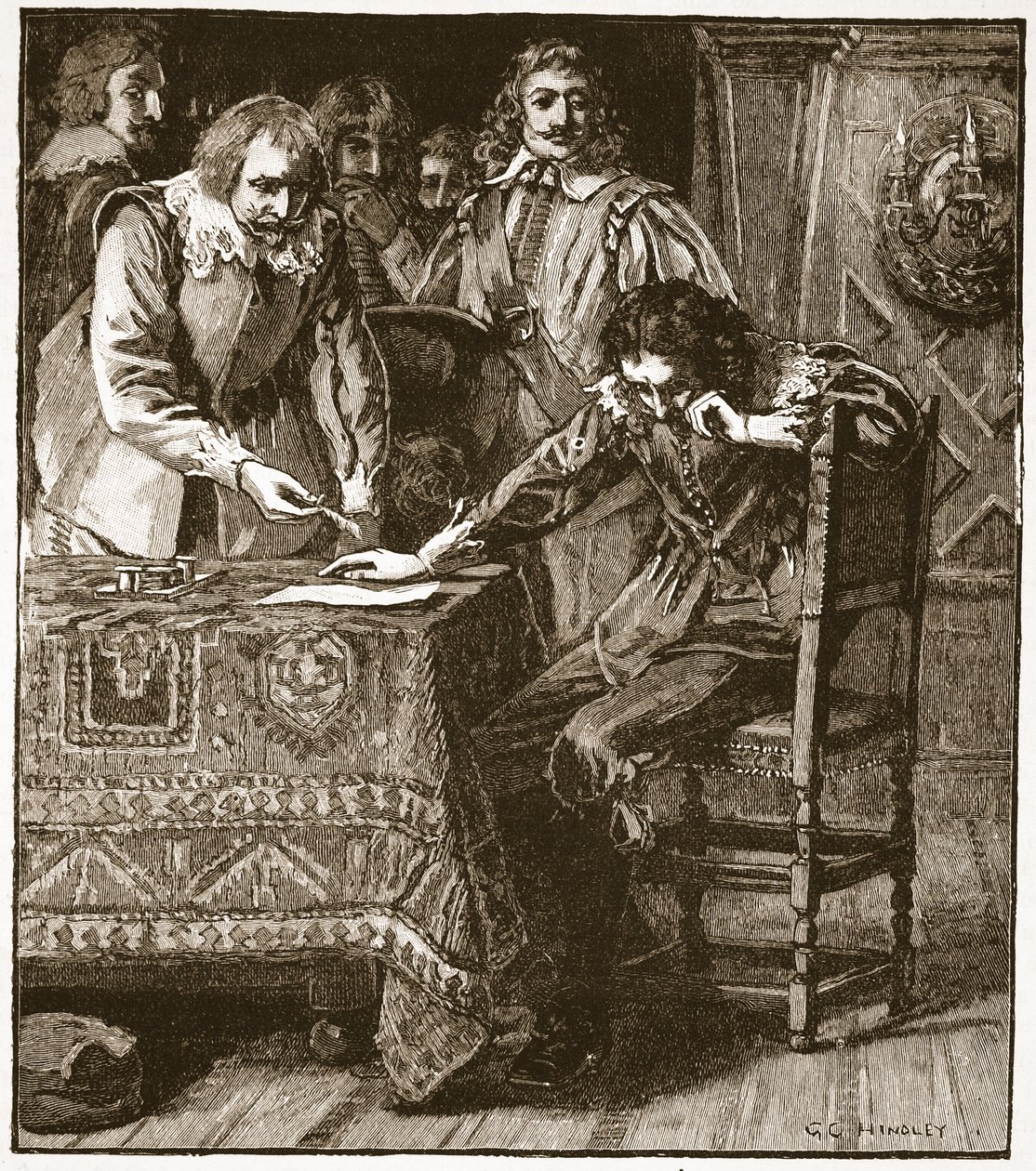 Charles ondertekent de Commissie van Instemming met Straffords Attainder, illustratie uit Cassells Geïllustreerde Geschiedenis van Engeland door English School