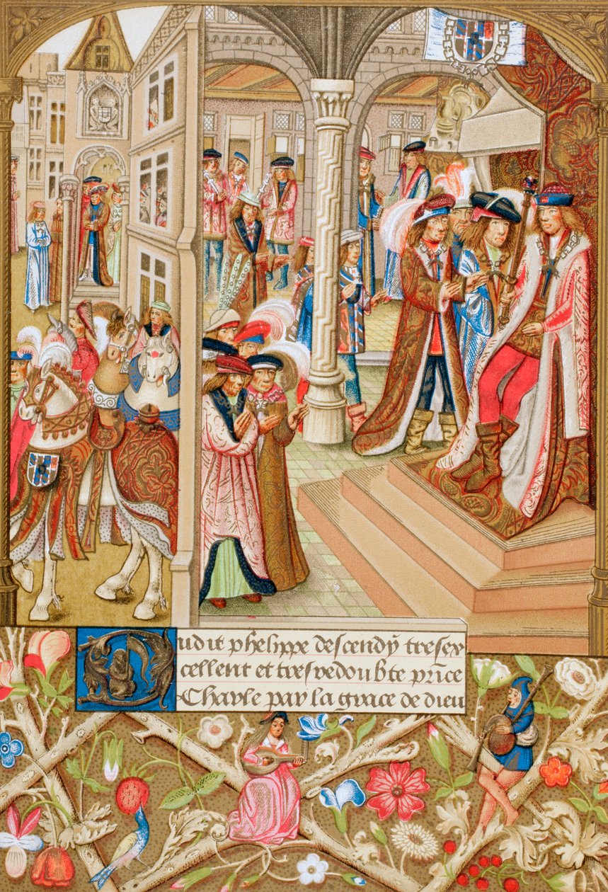 Karel de Stoute gezeten op zijn Troon en bijgestaan door zijn Baronnen en Raadgevers, ca. 1880 door English School