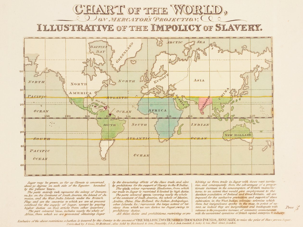 Kaart van de Wereld, op Mercatorprojectie, Illustratief voor de Onverstandigheid van Slavernij door English School
