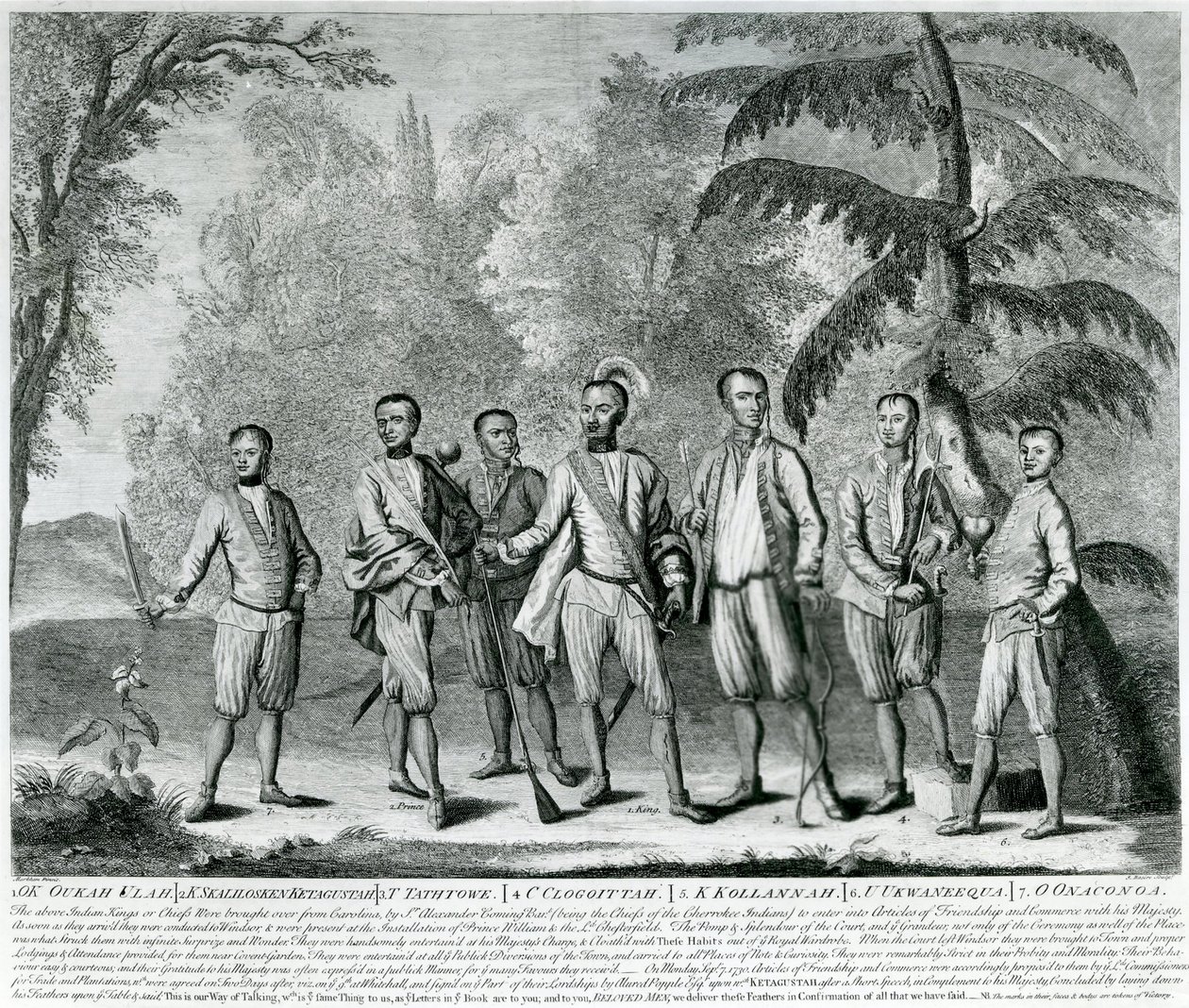 Cherokee Chiefs uit Carolina, ca. 1730 (gravure) door English School