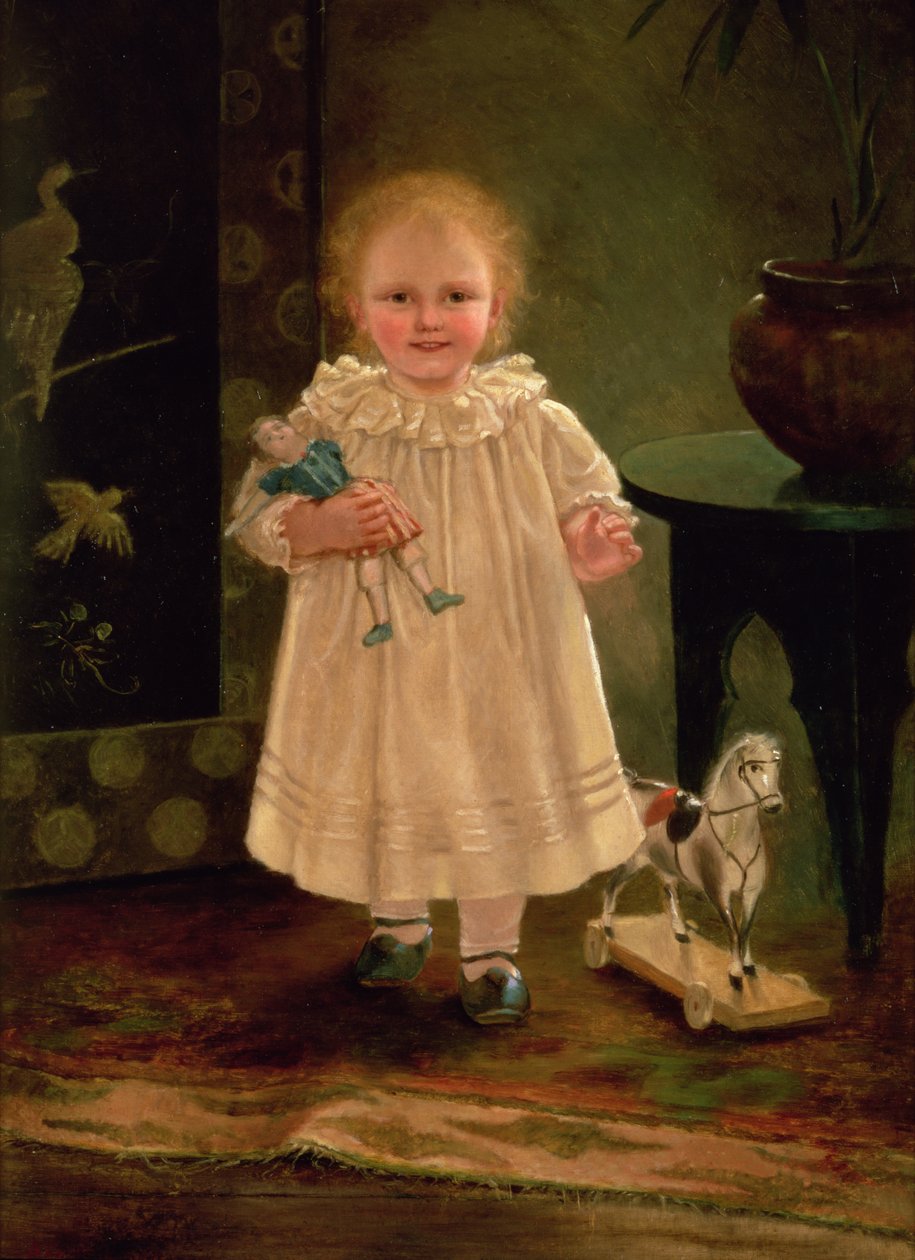Kind met een pop en een speelgoedpaard, c.1840 door English School