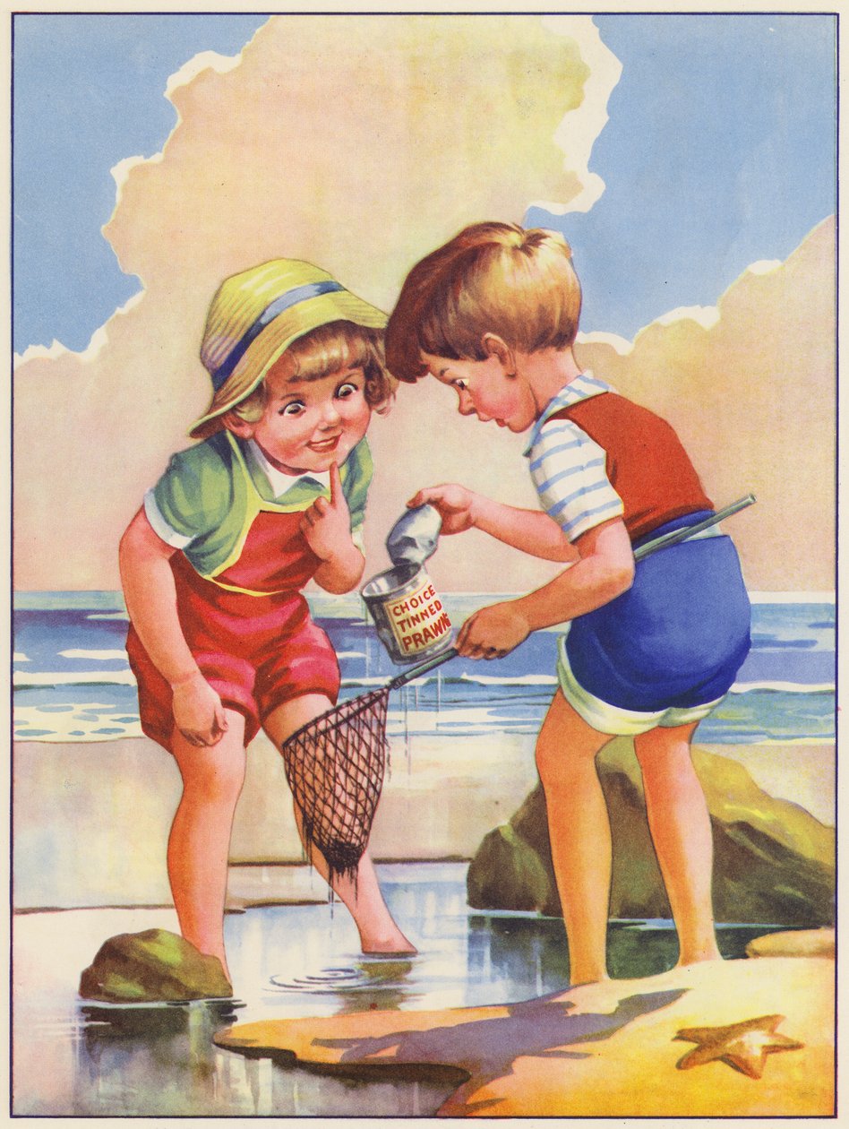 Kinderen vissen in een rotspoel aan zee (kleurenlitho) door English School