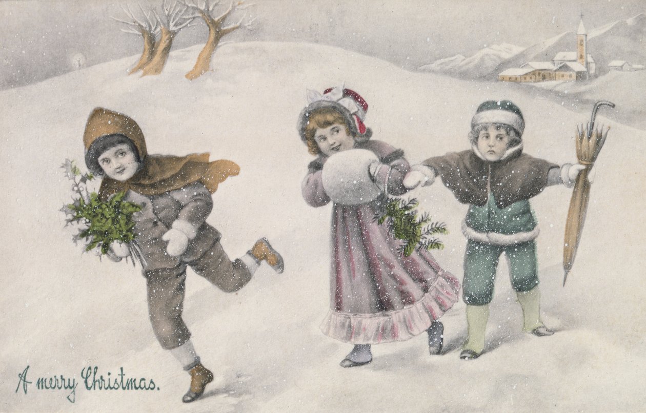 Kinderen in de sneeuw, Victoriaanse ansichtkaart (print) door English School