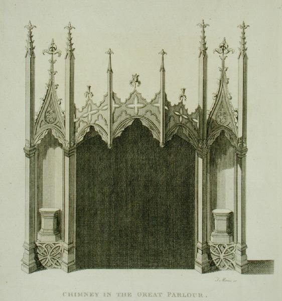 Schoorsteen in de grote salon van Strawberry Hill, gegraveerd door T. Morris, uit 