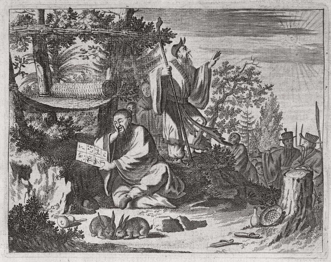 Chinese heilige mannen, illustratie uit een beschrijving van ambassades naar China, 1690 door English School