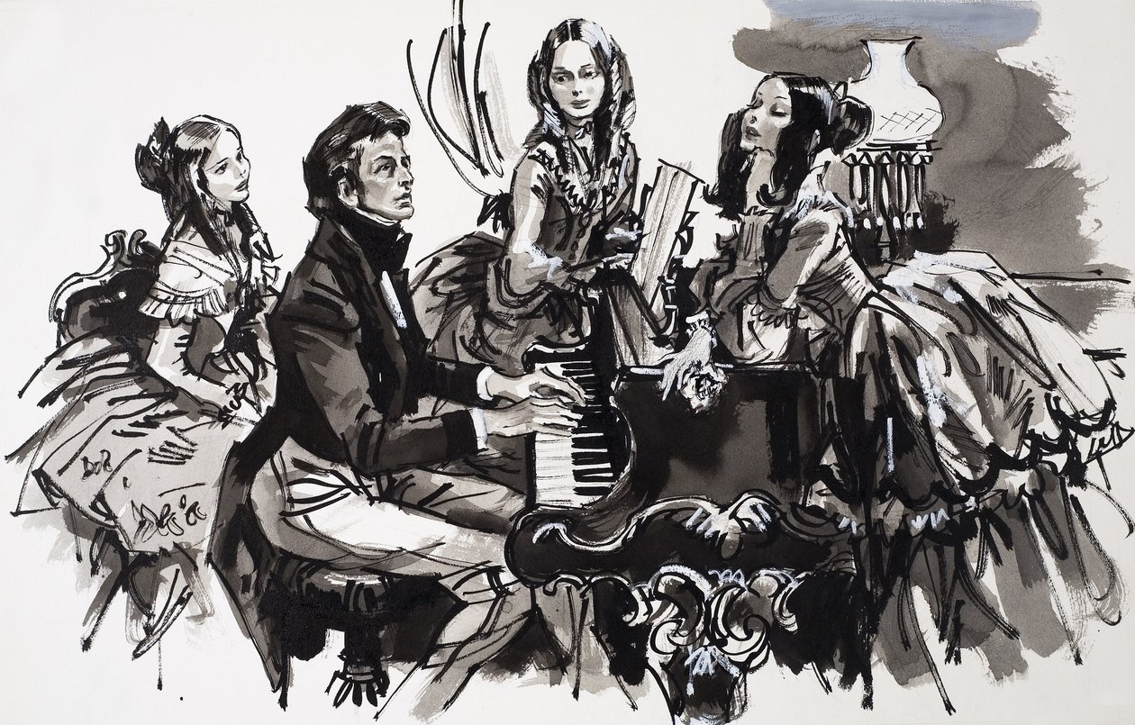 Chopin met vrouwelijke bewonderaars (gouache op papier) door English School