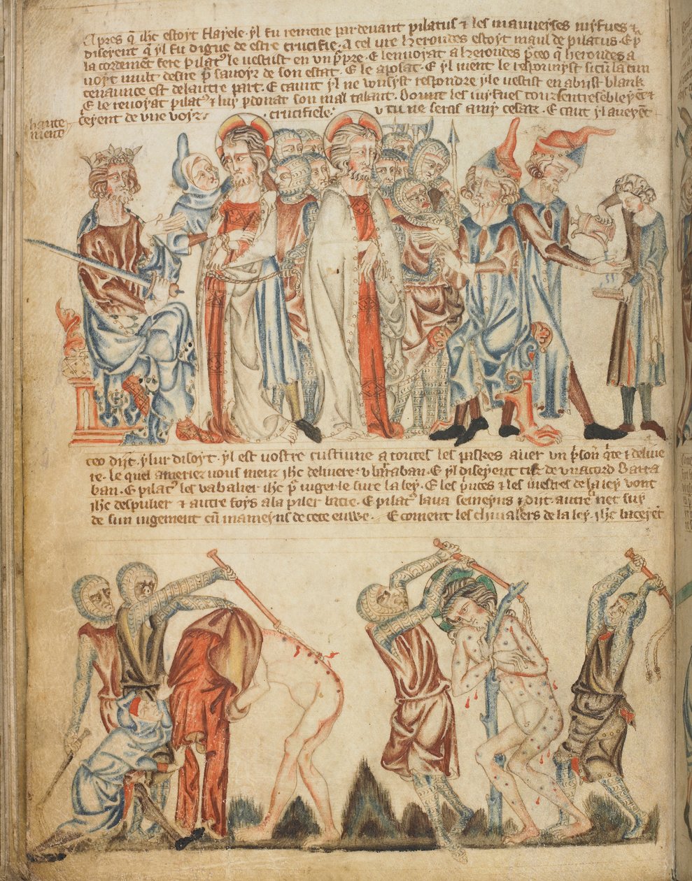 Christus voor Herodes en Pilatus; Herodes wast zijn handen; de geseling van Christus (c.1320-30) door English School