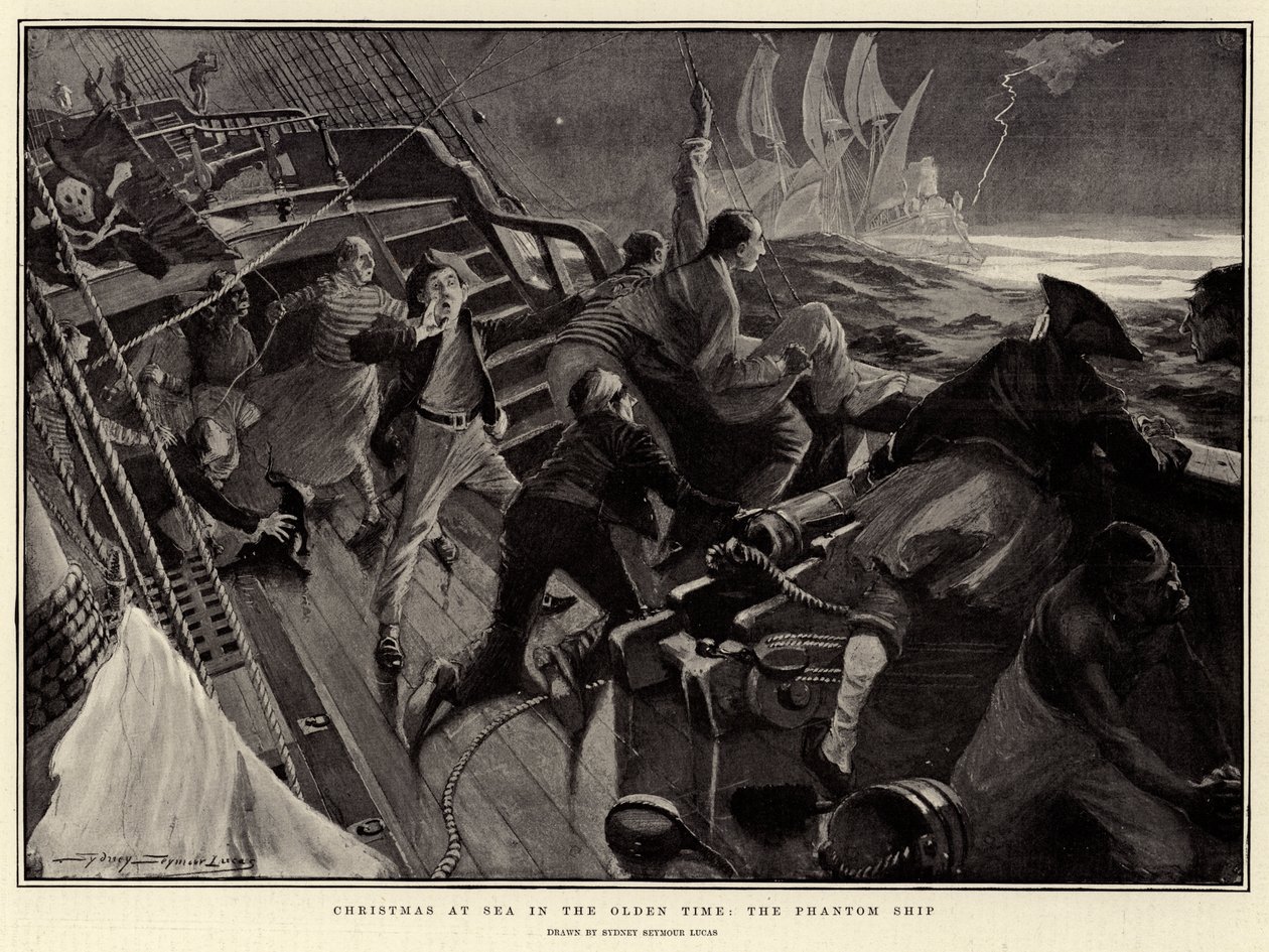 Kerstmis op zee in de oude tijd, het spookschip (litho) door English School