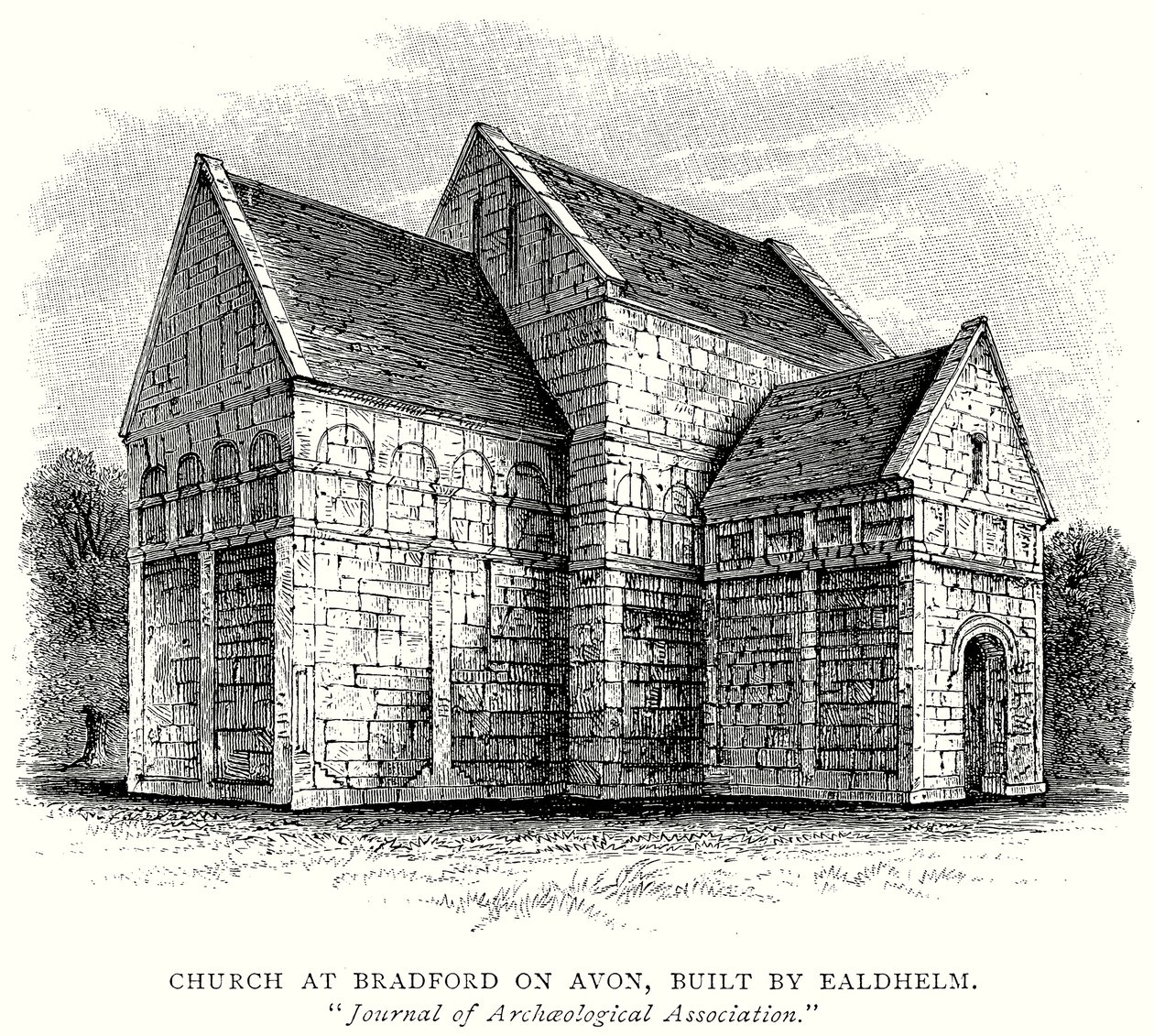 Kerk in Bradford on Avon, gebouwd door Ealdhelm (gravure) door English School