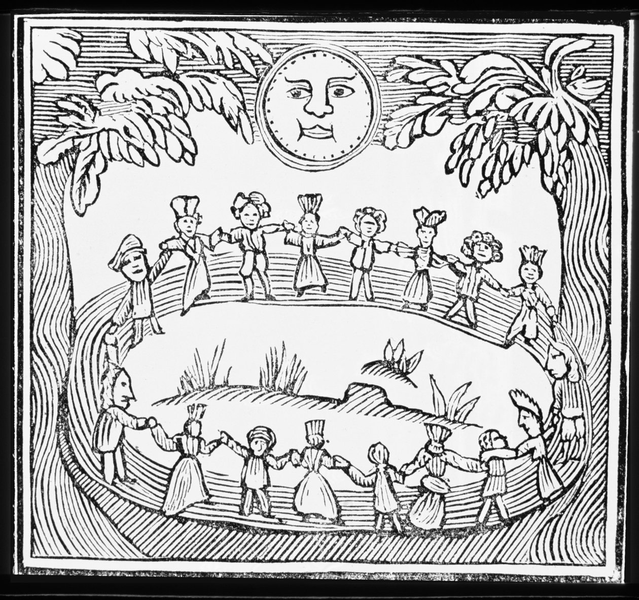 Cirkel van Heksen Dansend Onder een Volle Maan, illustratie uit een verzameling chapbooks over esoterica door English School