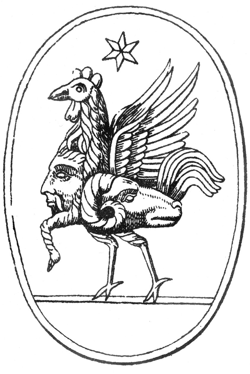 Klassieke Griekse edelsteen in de vorm van Pan verbonden met een haan, een ram en de zon door English School