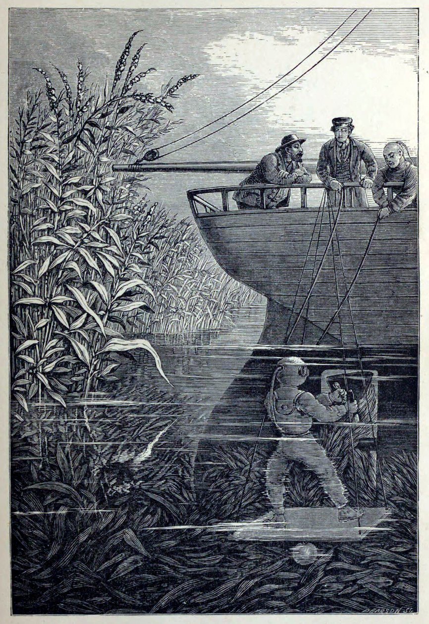 Het Schoepenrad Reinigen, uit Onder de Golven, of Duiken in Diepe Wateren, uitgegeven 1887 door English School