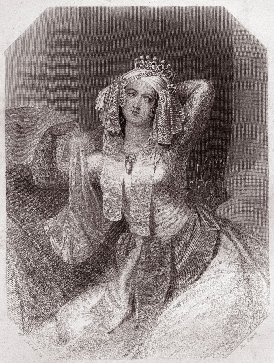 Cleopatra (Antonius en Cleopatra) in - "Galerie des femmes de Shakespeare, collectie van vijfenveertig serieuze portretten door vroege Londense kunstenaars, verrijkt met kritische en literaire opmerkingen" circa 1838 - uit "Gallery of the women of Shakespe door English School