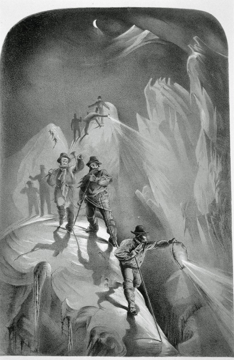 Klimmen in de nacht, uit Ten Scenes in the Last Ascent of Mont Blanc Including Five Views from the Summit, door J.D.H. Browne, gepubliceerd 1853 door English School