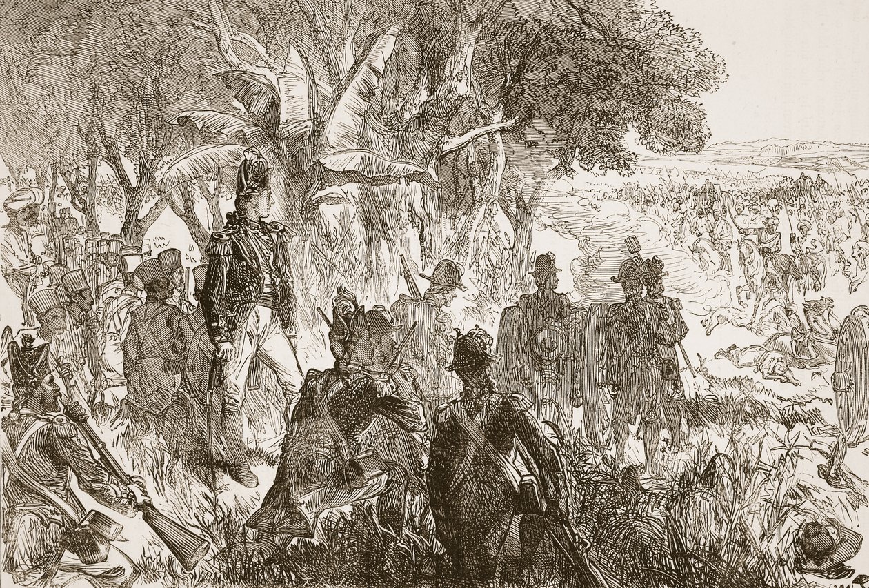 Clive bij Plassey, illustratie uit Cassells Geïllustreerde Geschiedenis van India door James Grant, uitgegeven 1879 door English School