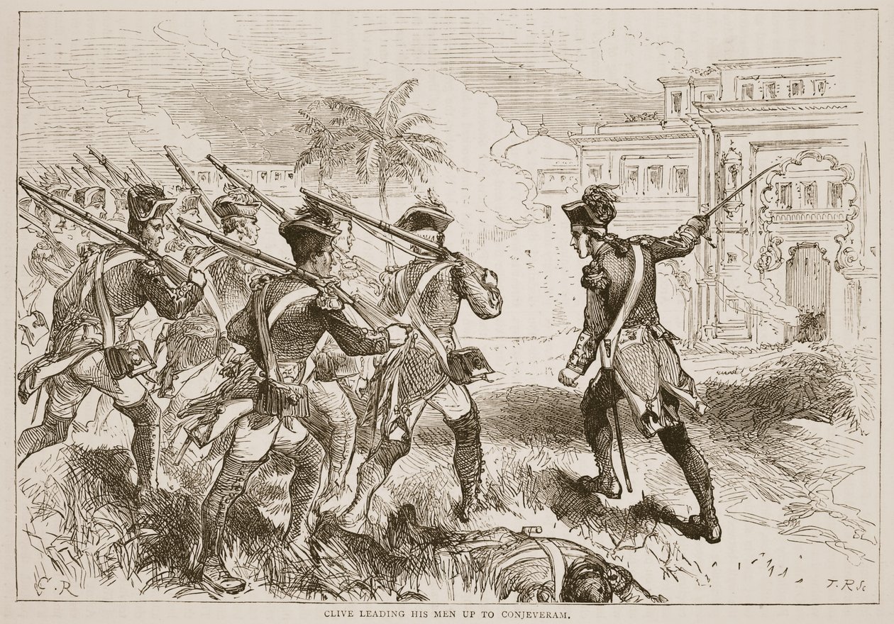 Clive leidt zijn mannen naar Conjeveram, illustratie uit Cassells Geïllustreerde Geschiedenis van India door James Grant, uitgegeven 1879 door English School