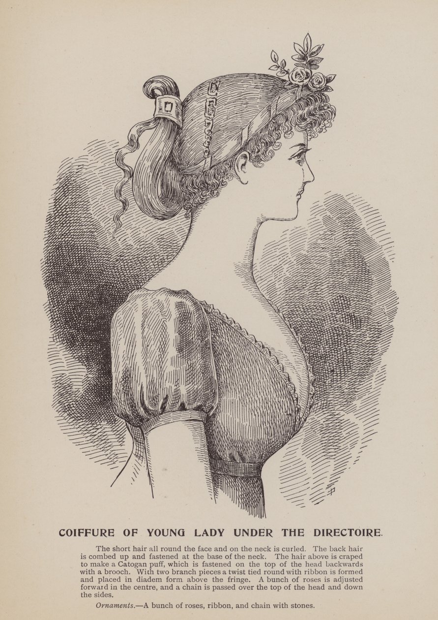 Coiffure van jonge dame onder het Directoire (gravure) door English School