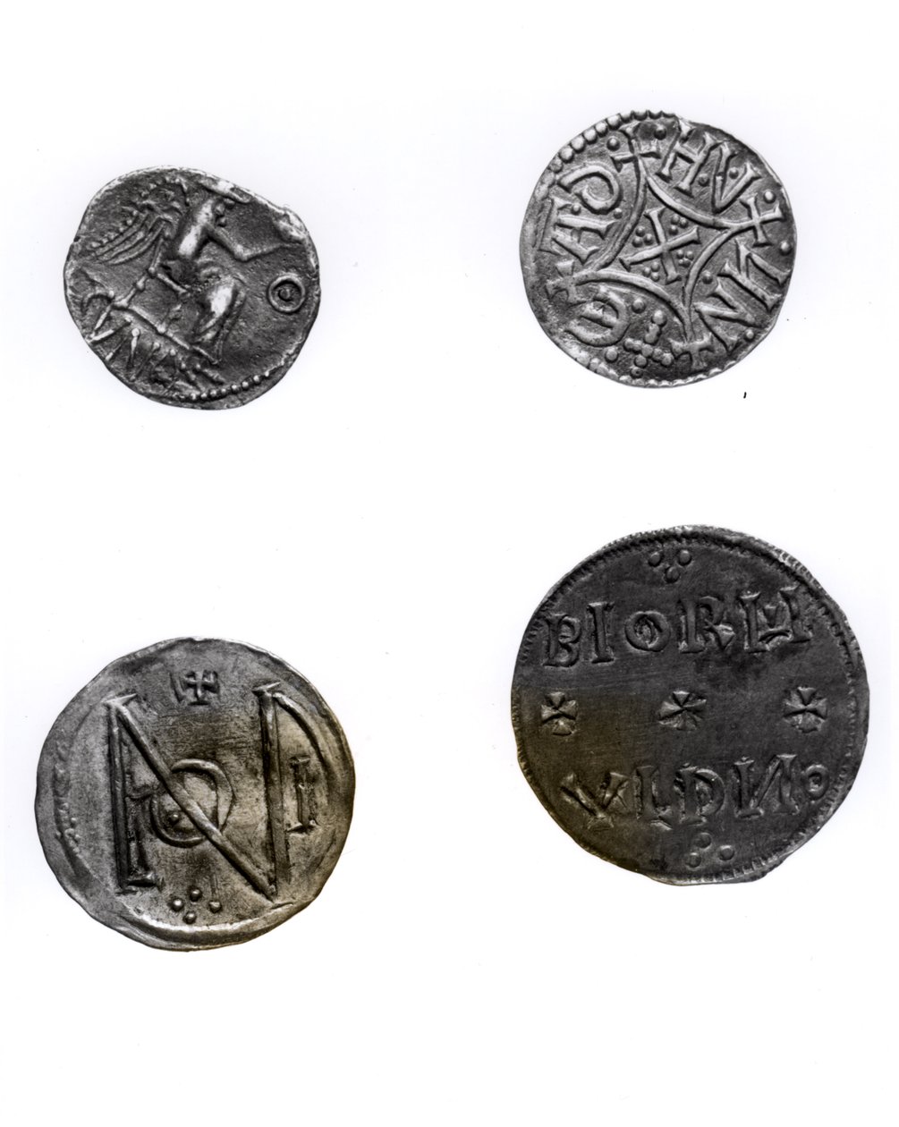 Munten van Cunobelinus of Cymbeline (gest. 43 n.Chr.), Offa, koning van Mercia (757-96 n.Chr.) en Alfred (871-99 n.Chr.) en Edward de Oudere (871-924 n.Chr.) (zilver) door English School