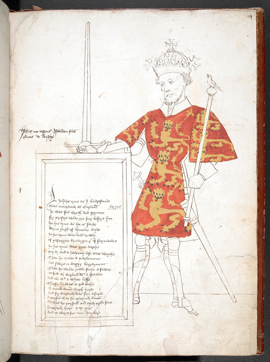 Gekleurde tekening van een Engelse koning in harnas en tabberd (King John), die een plaquette met verzen aanbiedt. Onafgewerkt. door English School