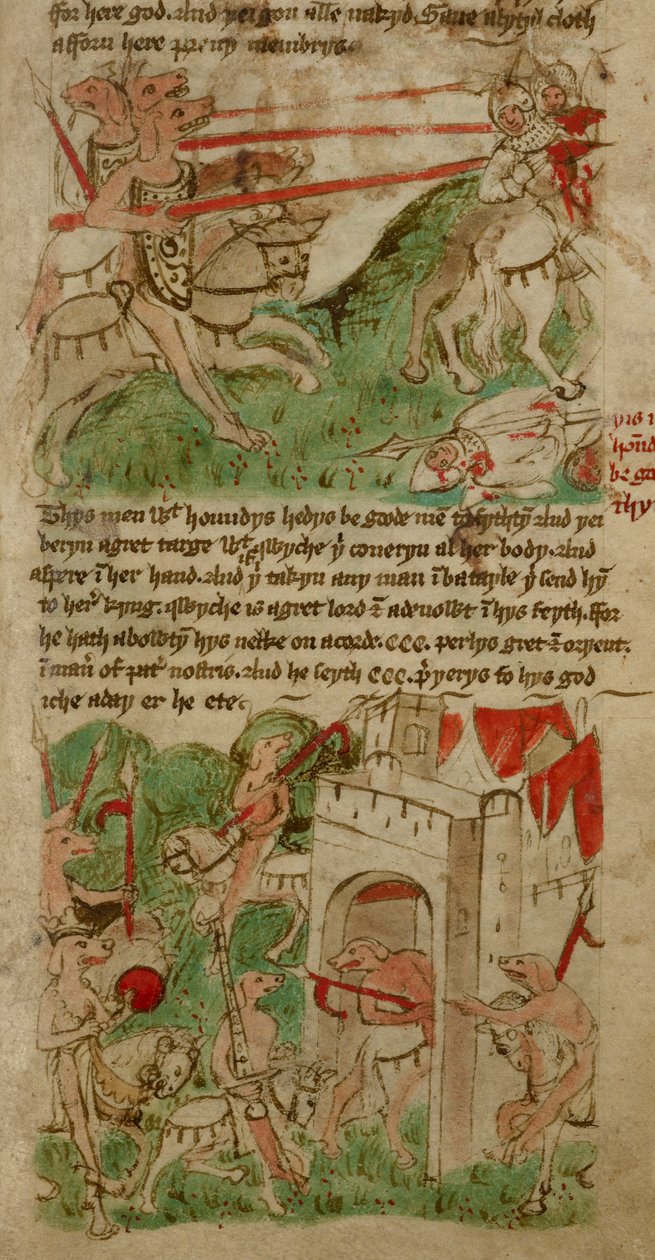 Gekleurde tekeningen die de hondshoofdige mensen ("Cynocephales") van het eiland Nacumera uitbeelden, uit 